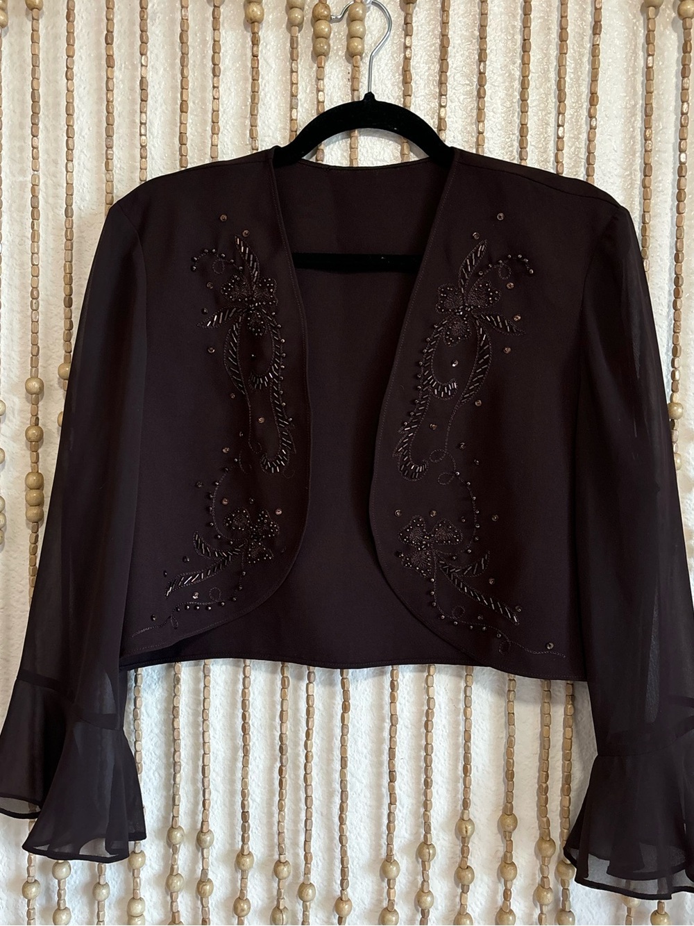 Vintage Beaded Floral Bell Sleeve Sheer Dark Brown Bolero Layering Cover Up LG